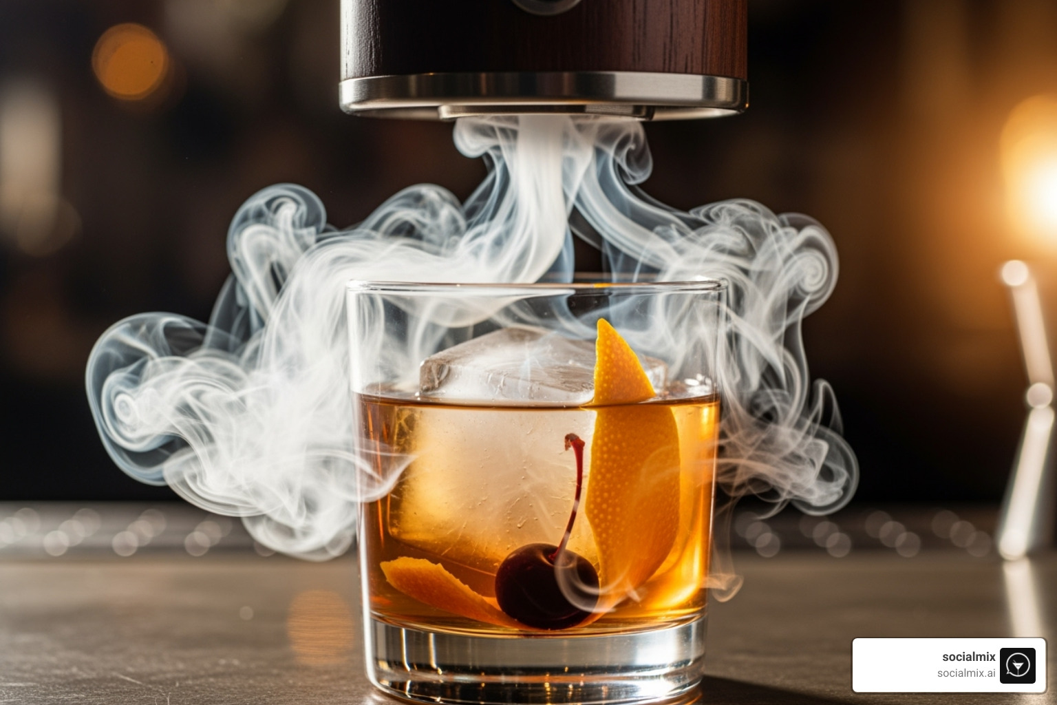 Cocktail smoker infusing aromatic smoke into an Old Fashioned