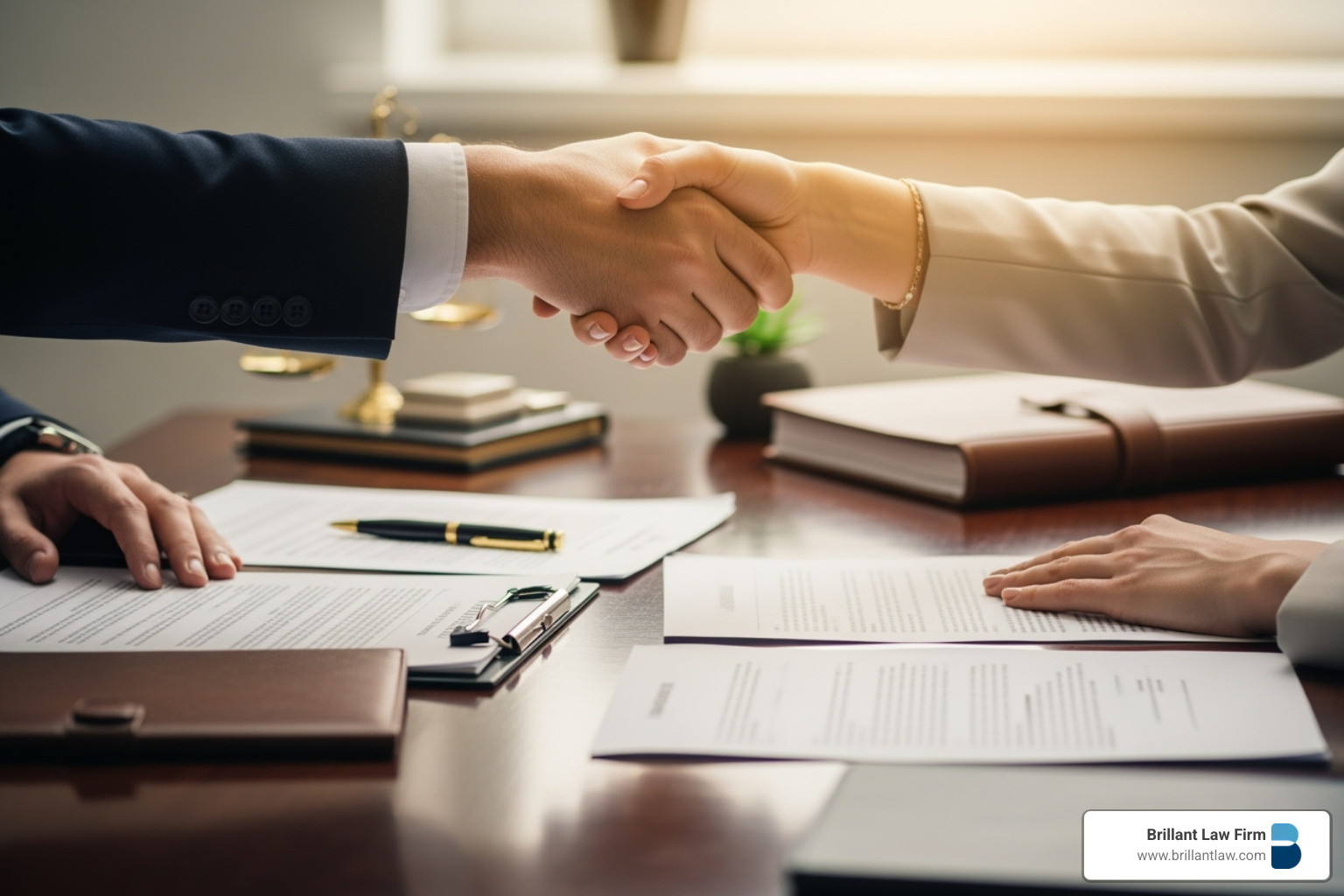 A professional handshake over a desk with legal documents, symbolizing trust and agreement - Trust Administrator A professional handshake over a desk with legal documents, symbolizing trust and agreement - Trust Administrator