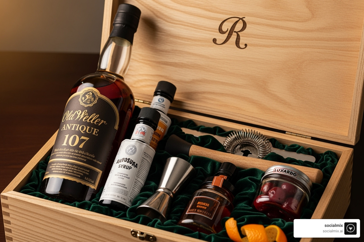 Personalized wooden box filled with curated Old Fashioned ingredients and bartender tools