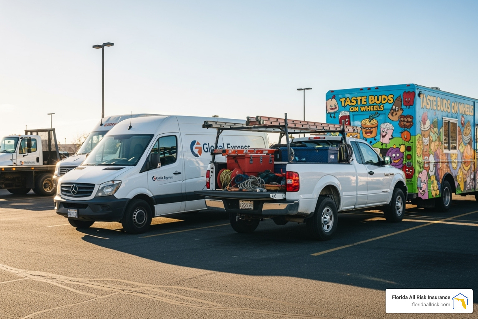 A diverse group of commercial vehicles including a white delivery van, a contractor's pickup truck with tools, and a colorful food truck, all parked in a lot under a sunny sky. - st. petersburg commercial auto insurance