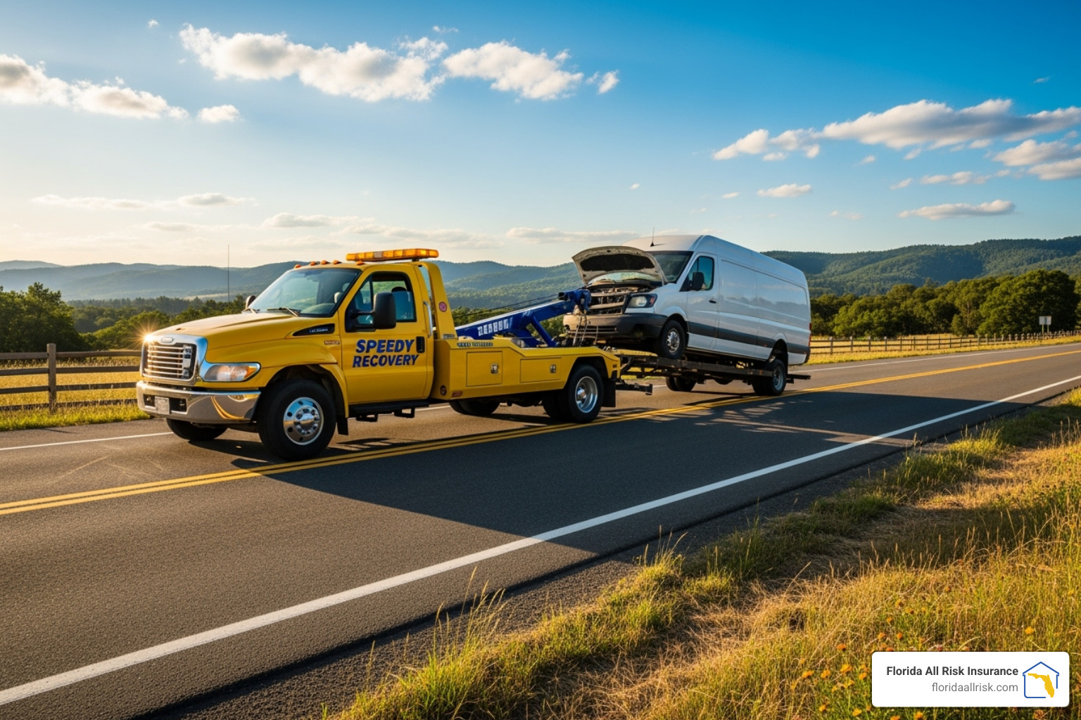 A tow truck assisting a commercial vehicle on the side of a road, illustrating roadside assistance. - st. petersburg commercial auto insurance