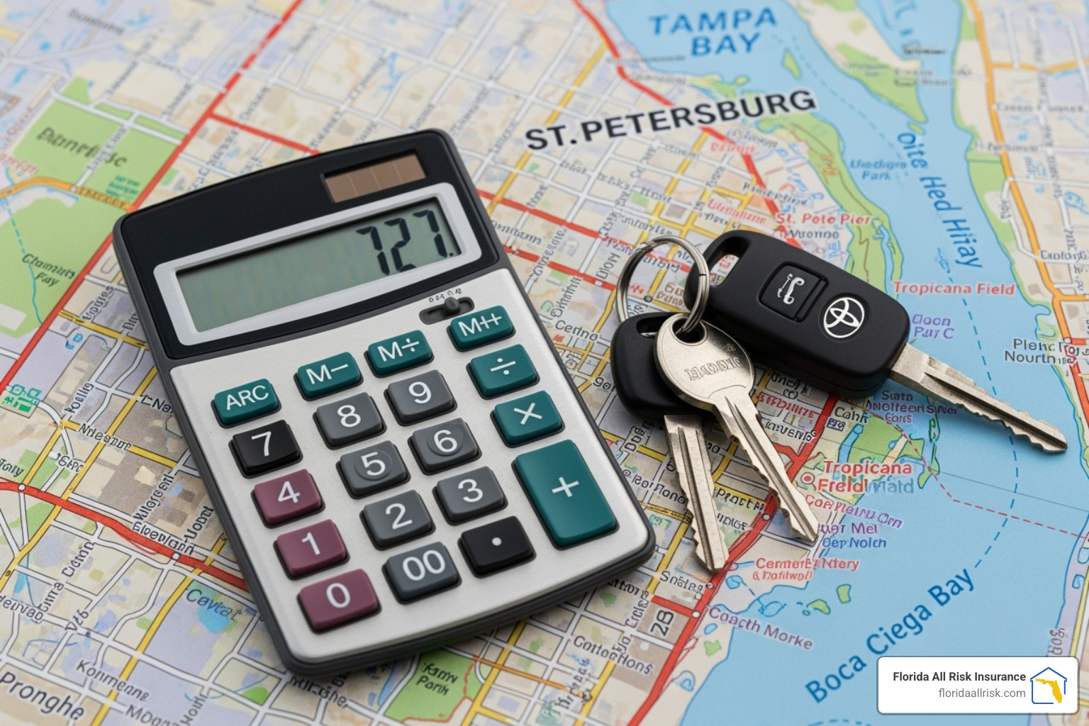 A calculator and vehicle keys laid out on a detailed map of St. Petersburg, Florida, symbolizing the calculation of insurance premiums based on location and vehicle use. - st. petersburg commercial auto insurance