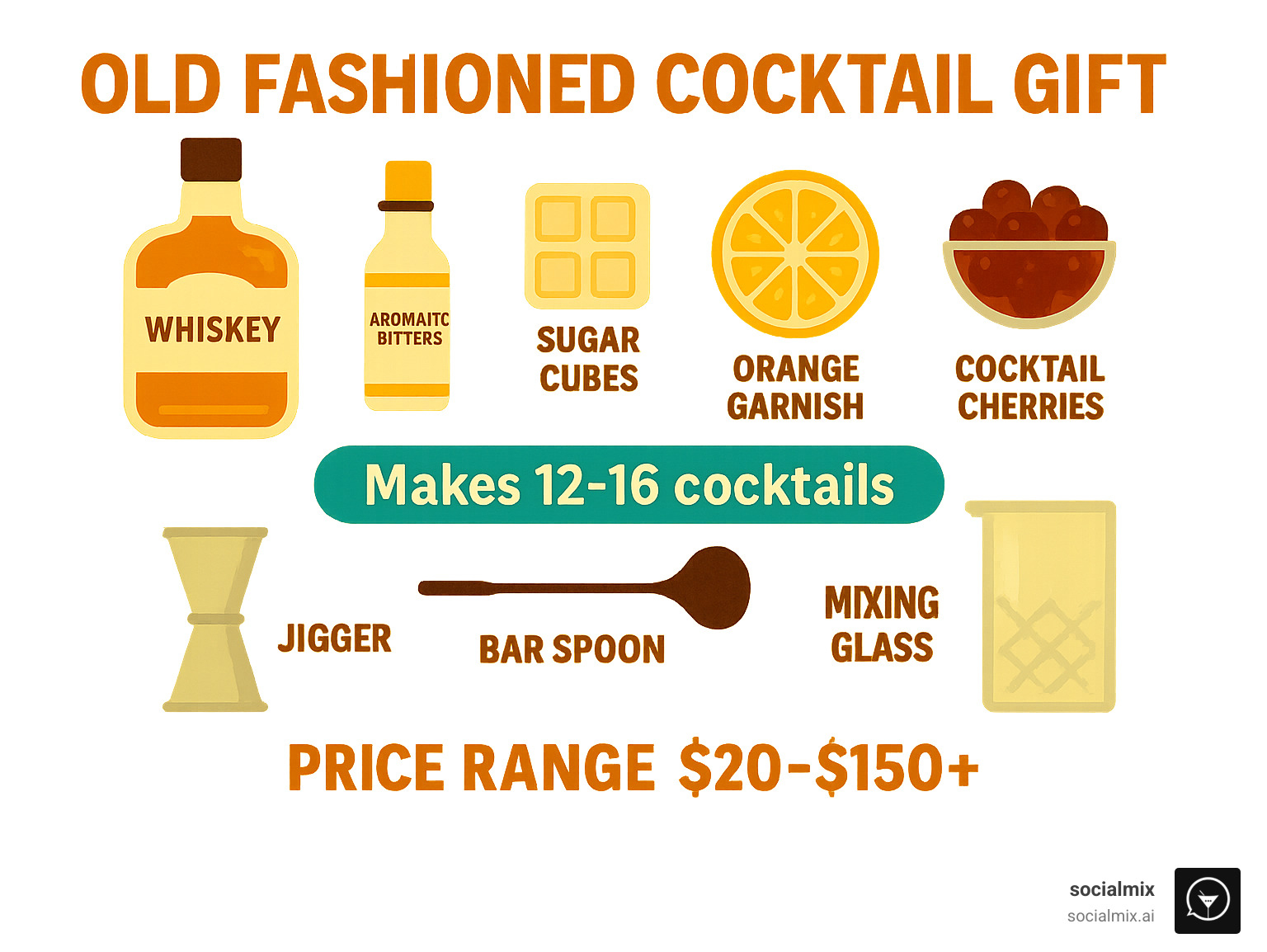 Infographic showing the essential components of an Old Fashioned cocktail gift set—whiskey, aromatic bitters, sugar, orange garnish, cocktail cherries, jigger, bar spoon, and mixing glass—with text noting "Makes 12-16 cocktails" and price ranges from $20-$150+