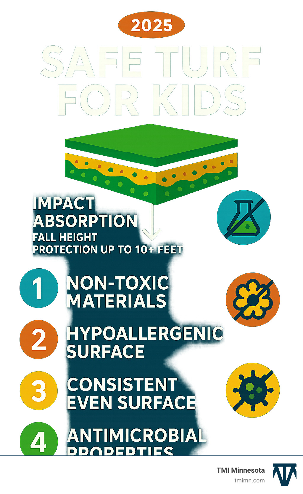 Infographic showing the top 5 safety benefits of modern artificial turf: impact absorption with fall height protection up to 10+ feet, non-toxic lead-free and PFAS-free materials, hypoallergenic surface with no pollen or pesticides, consistent even surface eliminating trip hazards, and antimicrobial properties preventing bacteria buildup - safe turf for kids infographic Infographic showing the top 5 safety benefits of modern artificial turf: impact absorption with fall height protection up to 10+ feet, non-toxic lead-free and PFAS-free materials, hypoallergenic surface with no pollen or pesticides, consistent even surface eliminating trip hazards, and antimicrobial properties preventing bacteria buildup - safe turf for kids infographic