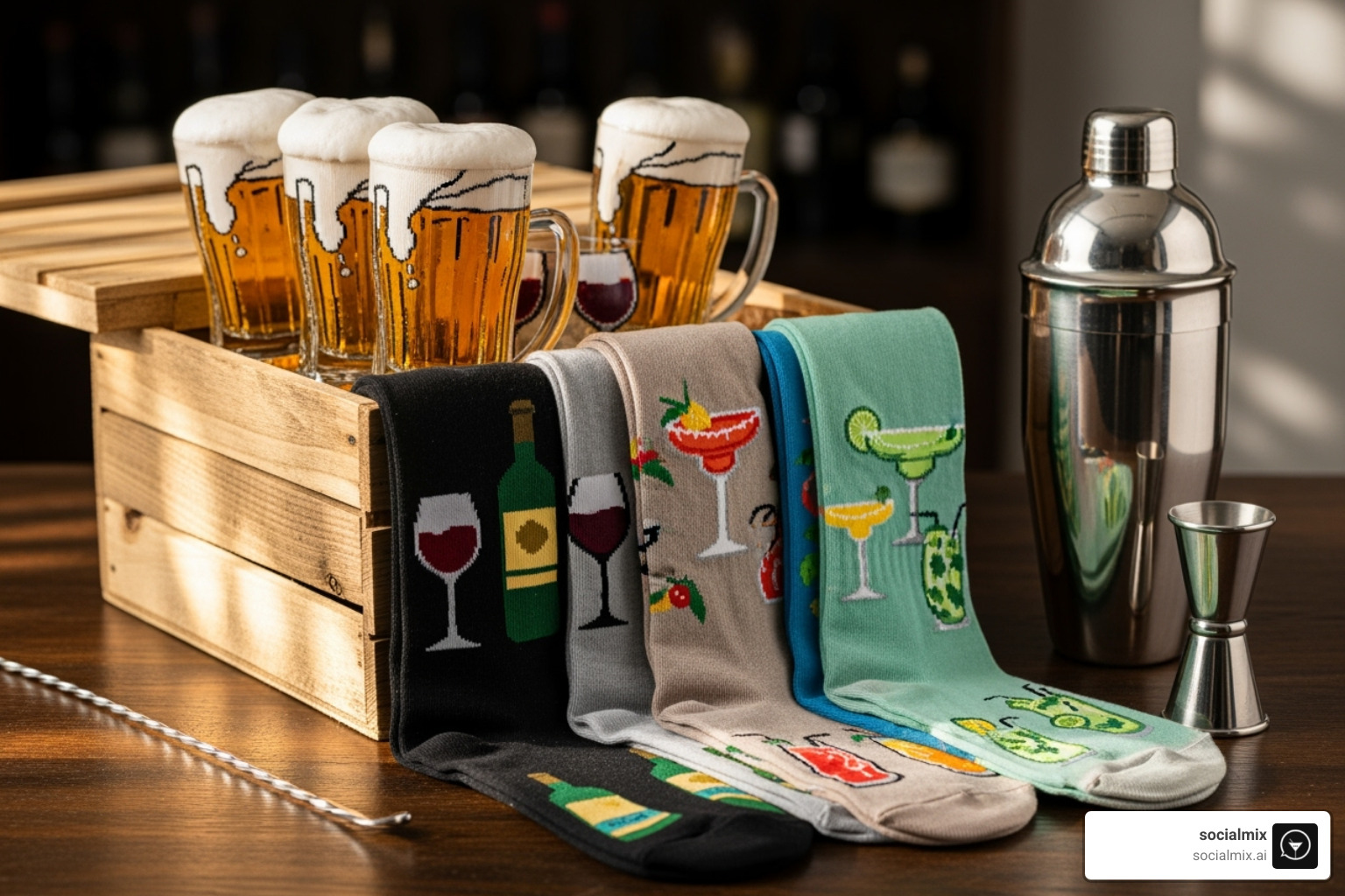 collection of Socialmix beer, wine, and cocktail socks spilling out of a gift box with bartender tools - alcohol themed socks