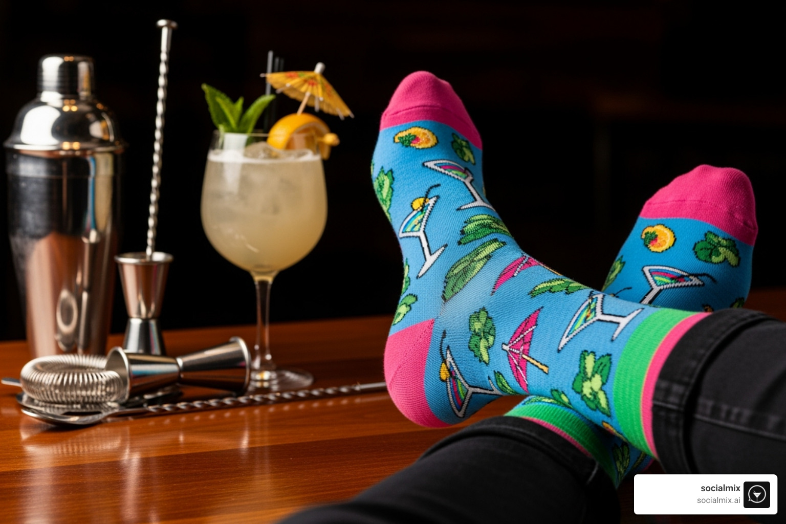 person's feet wearing Socialmix cocktail-themed socks, with a stylish cocktail and bartender tools in the background - alcohol themed socks