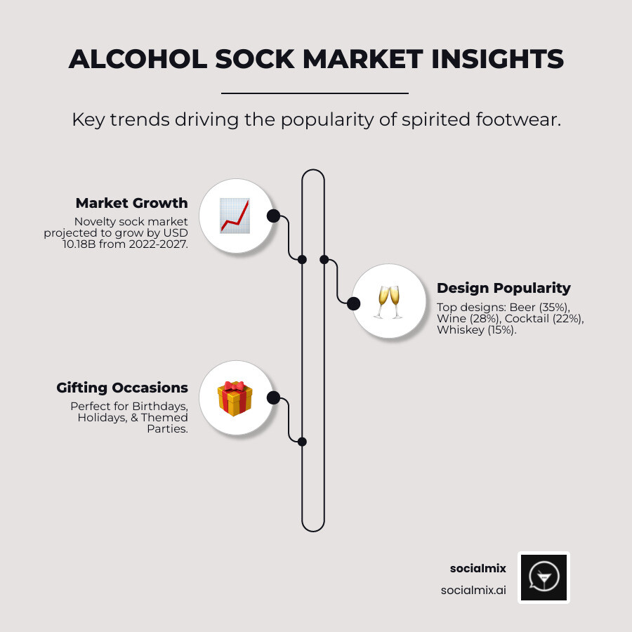 Infographic showing the growth of novelty sock market from 2022-2027 with breakdown of alcohol-themed designs including beer socks at 35%, wine socks at 28%, cocktail socks at 22%, and whiskey socks at 15%, plus popular occasions for gifting including birthdays, holidays, and themed parties - alcohol themed socks infographic infographic-line-3-steps-neat_beige