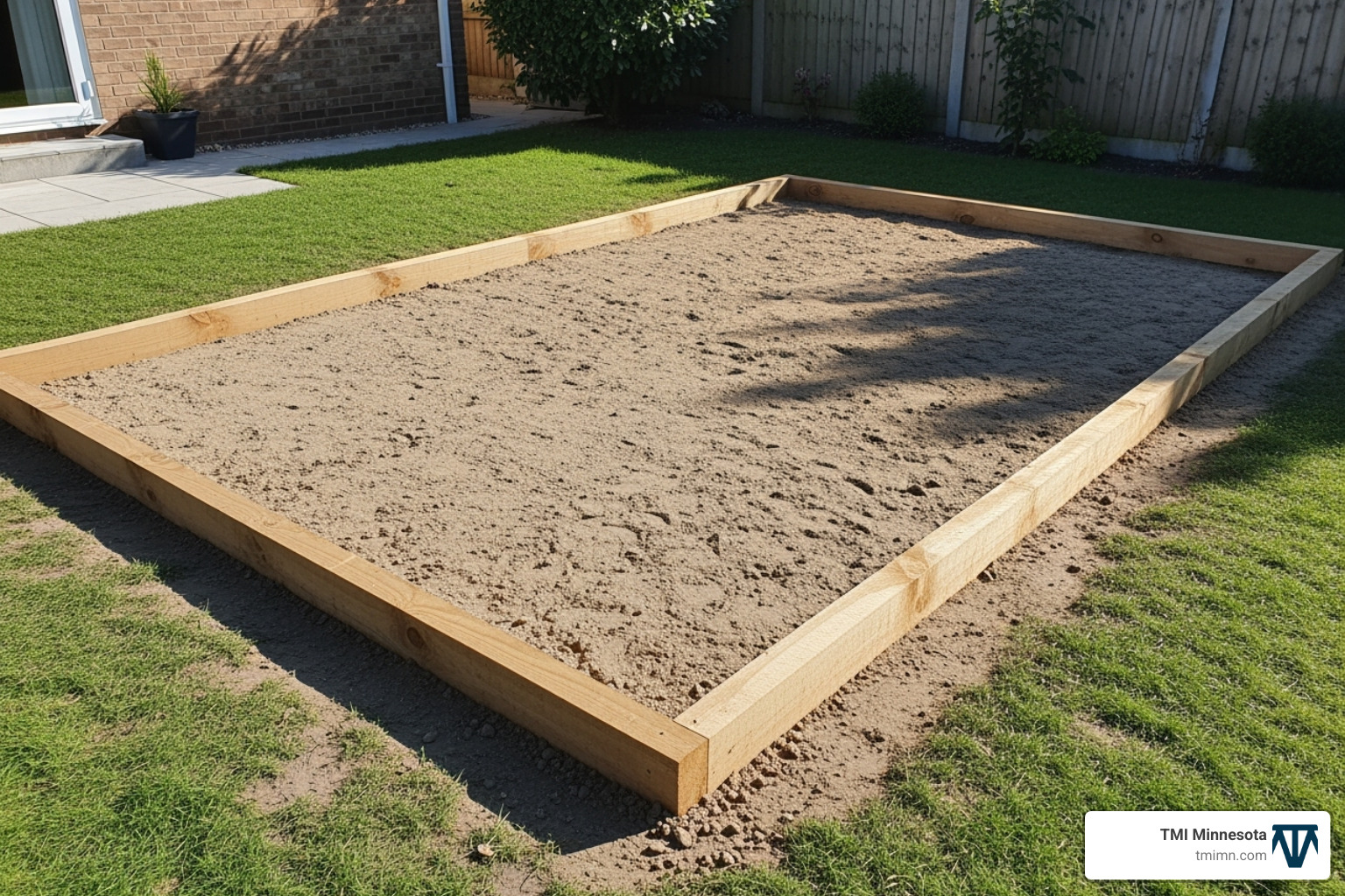 A perfectly prepared and leveled area in a backyard, featuring a neat wooden border ready for loose-fill surfacing. - outdoor swing set installation A perfectly prepared and leveled area in a backyard, featuring a neat wooden border ready for loose-fill surfacing. - outdoor swing set installation