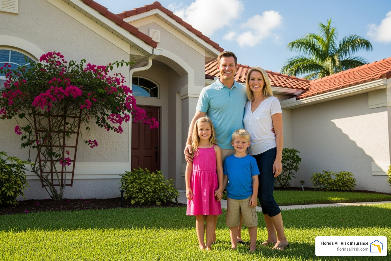 Smiling family standing in front of their safe, dry home in Florida - fema flood insurance Smiling family standing in front of their safe, dry home in Florida - fema flood insurance