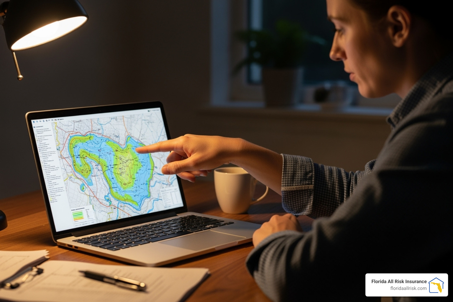 Person viewing a FEMA flood map on a laptop screen, pointing to their home's location - fema flood insurance Person viewing a FEMA flood map on a laptop screen, pointing to their home's location - fema flood insurance