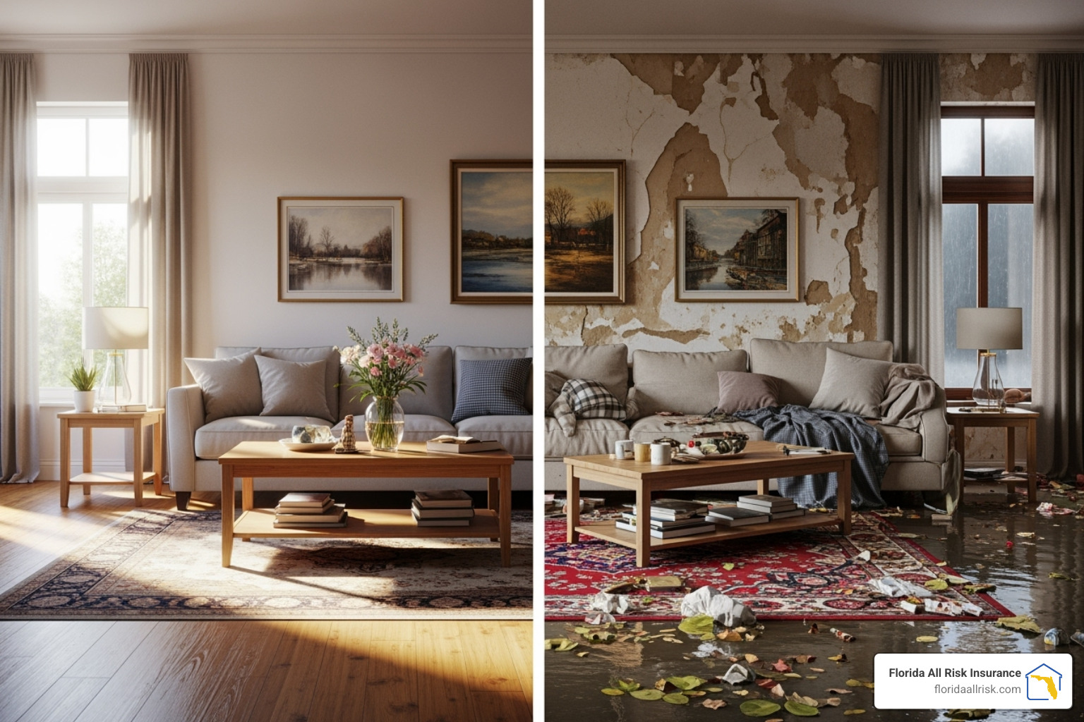 Split-screen showing a protected house interior versus a water-damaged one - fema flood insurance Split-screen showing a protected house interior versus a water-damaged one - fema flood insurance