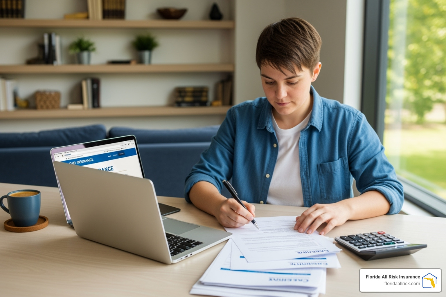 Person reviewing car insurance policy with calculator - Auto insurance reviews Florida