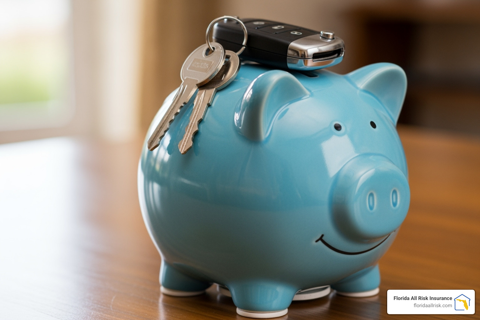 Piggy bank with car key symbolizing auto insurance savings - Auto insurance reviews Florida