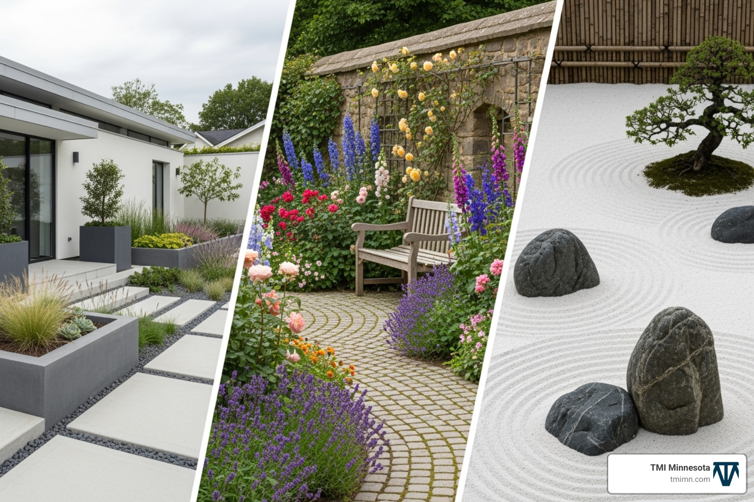 collage showcasing different landscape styles like modern, cottage, and zen - design landscaping