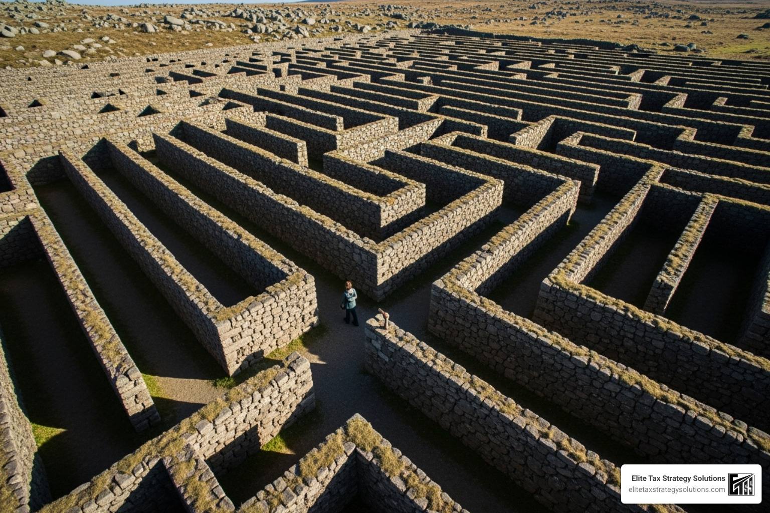 Person navigating a complex maze labeled "State Tax Laws" to represent pass-through entity tax planning Person navigating a complex maze labeled "State Tax Laws" to represent pass-through entity tax planning