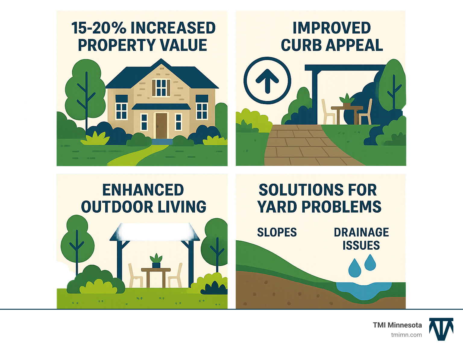 Comprehensive infographic showing Minneapolis landscaping benefits including increased property value by 15-20%, improved curb appeal, improved outdoor living potential, and solutions for common yard problems like slopes and drainage issues - landscaping minneapolis mn infographic Comprehensive infographic showing Minneapolis landscaping benefits including increased property value by 15-20%, improved curb appeal, improved outdoor living potential, and solutions for common yard problems like slopes and drainage issues - landscaping minneapolis mn infographic
