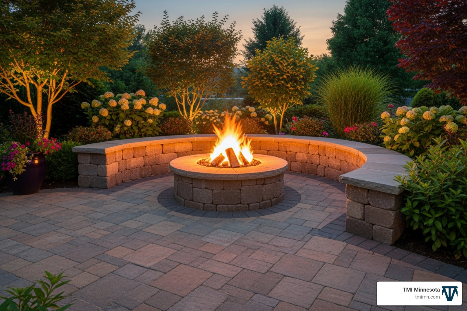 Custom stone patio with a built-in fire pit and seating wall - landscaping minneapolis mn Custom stone patio with a built-in fire pit and seating wall - landscaping minneapolis mn