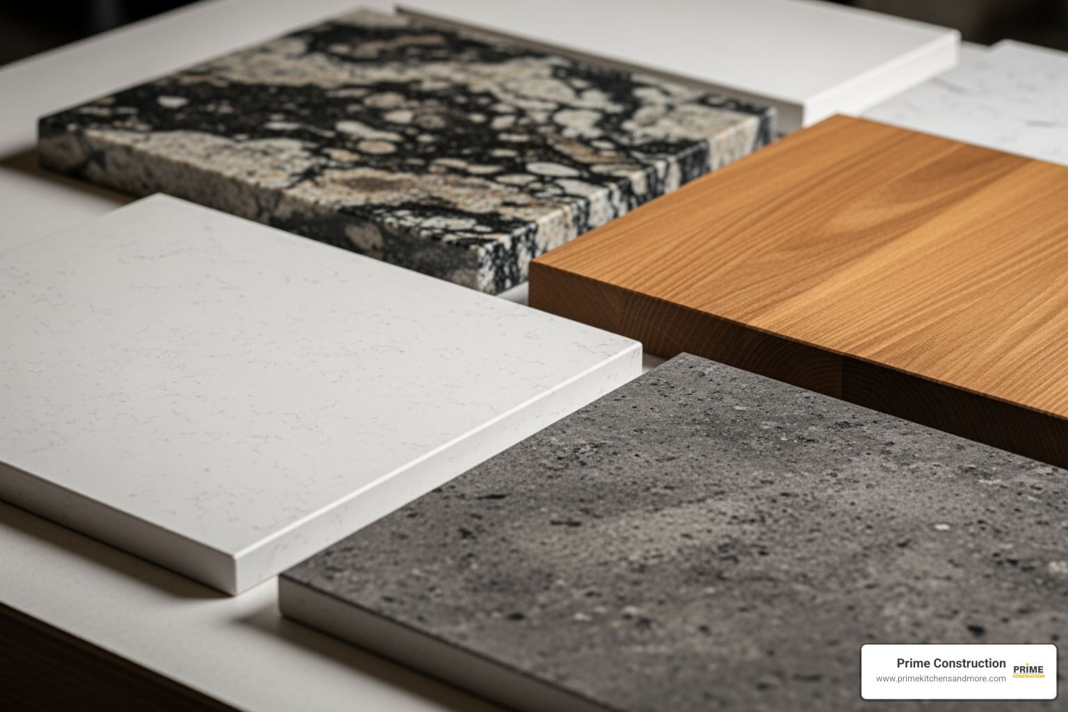 various countertop material samples including quartz, granite, wood, and laminate - custom made counter tops
