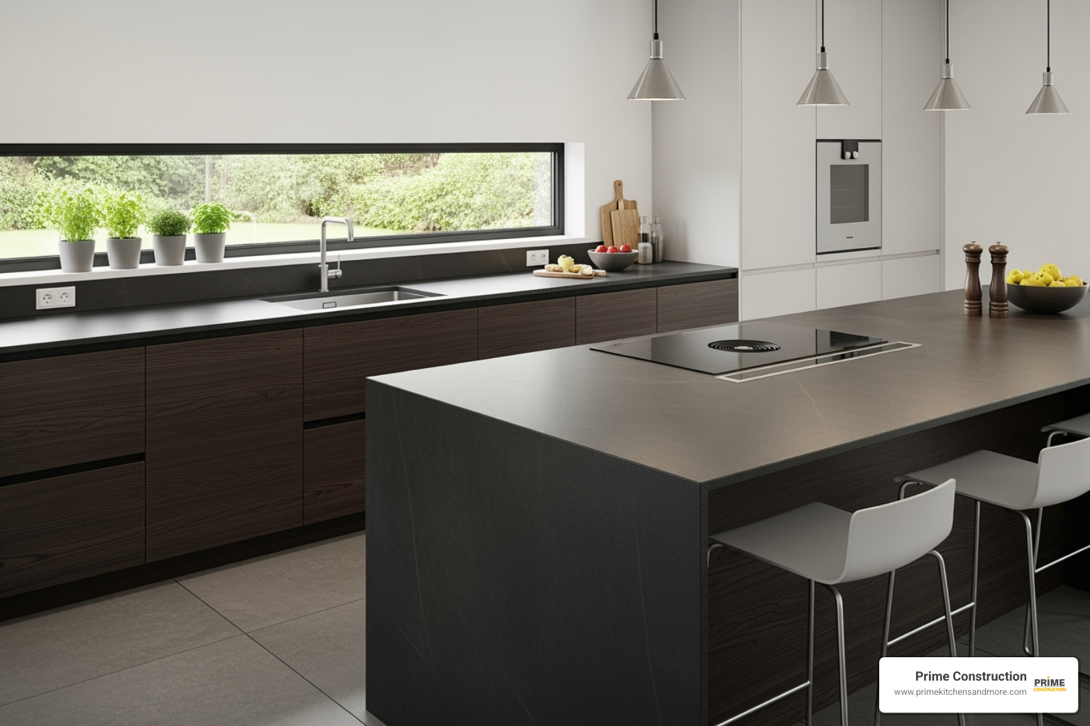 modern kitchen showcasing a leathered finish countertop and waterfall edge - custom made counter tops
