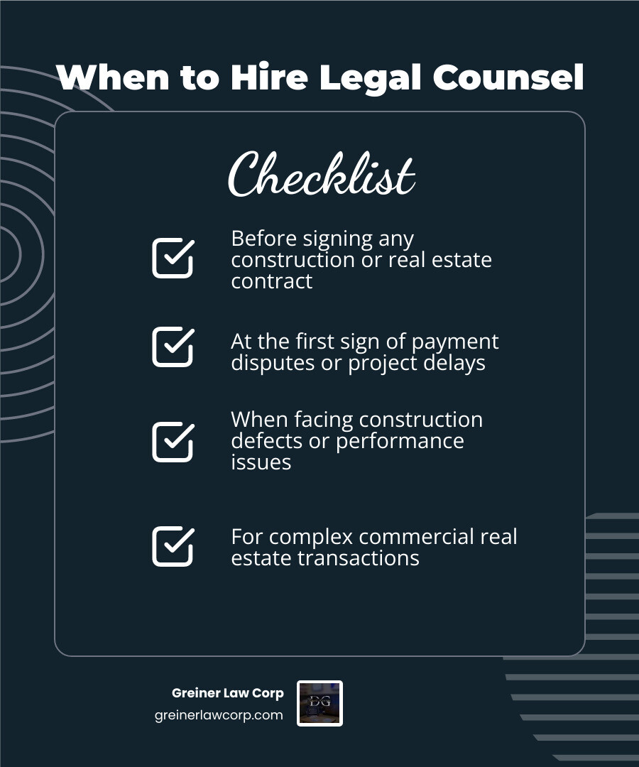 Detailed infographic showing the complete lifecycle of a Los Angeles construction project from land acquisition through final sale, highlighting key legal touchpoints including contract negotiation, permit approval, construction monitoring, defect resolution, and transaction closing, with specific emphasis on California regulatory requirements and common dispute triggers - los angeles construction law and real estate lawyer infographic checklist-dark-blue
