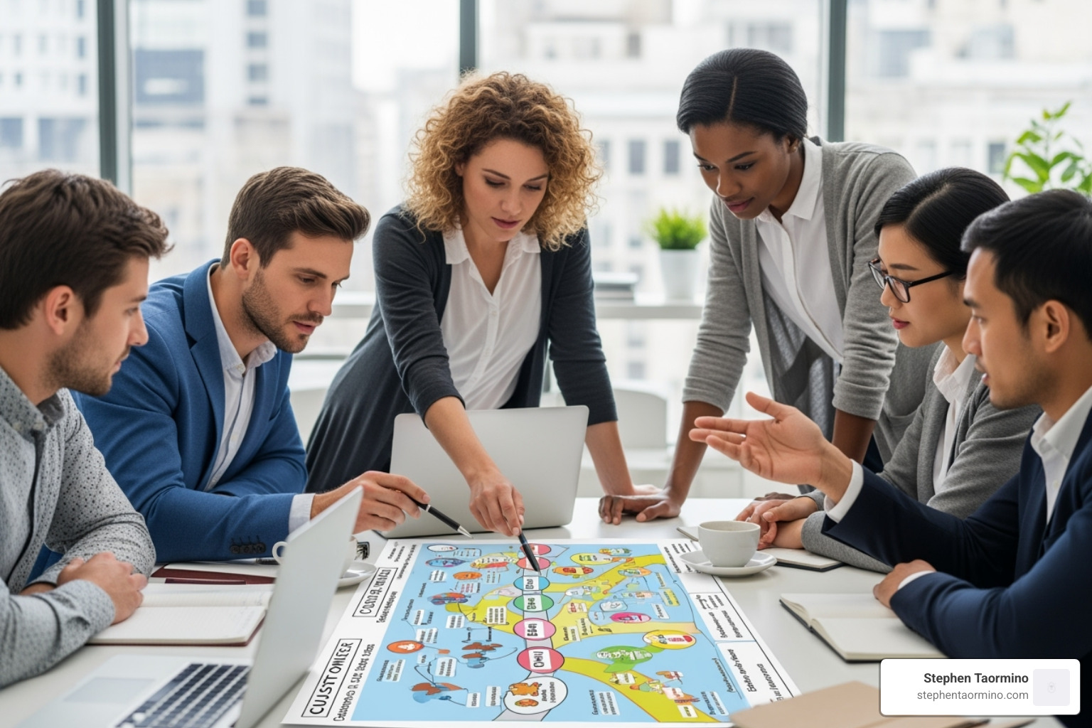 customer journey map being discussed by a team - marketing for business leaders
