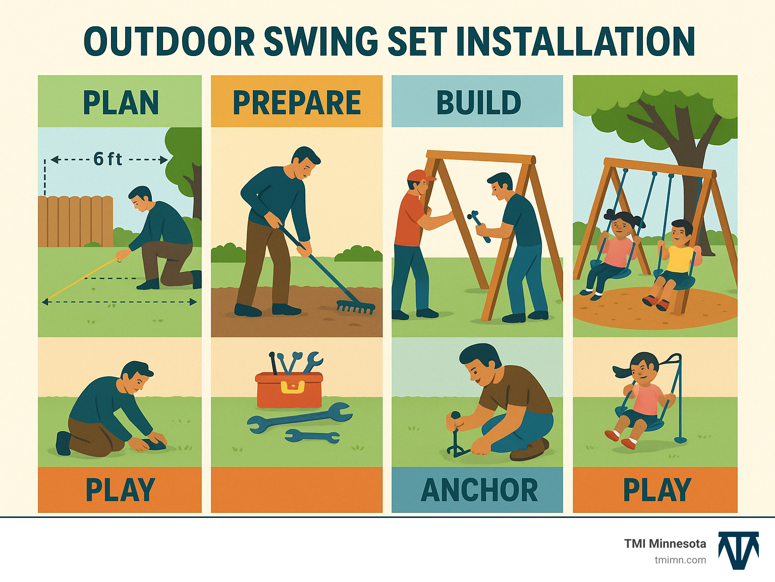 Detailed infographic showing the 5 key stages of swing set installation: Plan (showing yard measurement and clearance zones), Prepare (ground leveling and tool gathering), Build (frame assembly with two people), Anchor (ground anchor installation), and Play (children safely using completed swing set with protective surfacing) - outdoor swing set installation infographic Detailed infographic showing the 5 key stages of swing set installation: Plan (showing yard measurement and clearance zones), Prepare (ground leveling and tool gathering), Build (frame assembly with two people), Anchor (ground anchor installation), and Play (children safely using completed swing set with protective surfacing) - outdoor swing set installation infographic