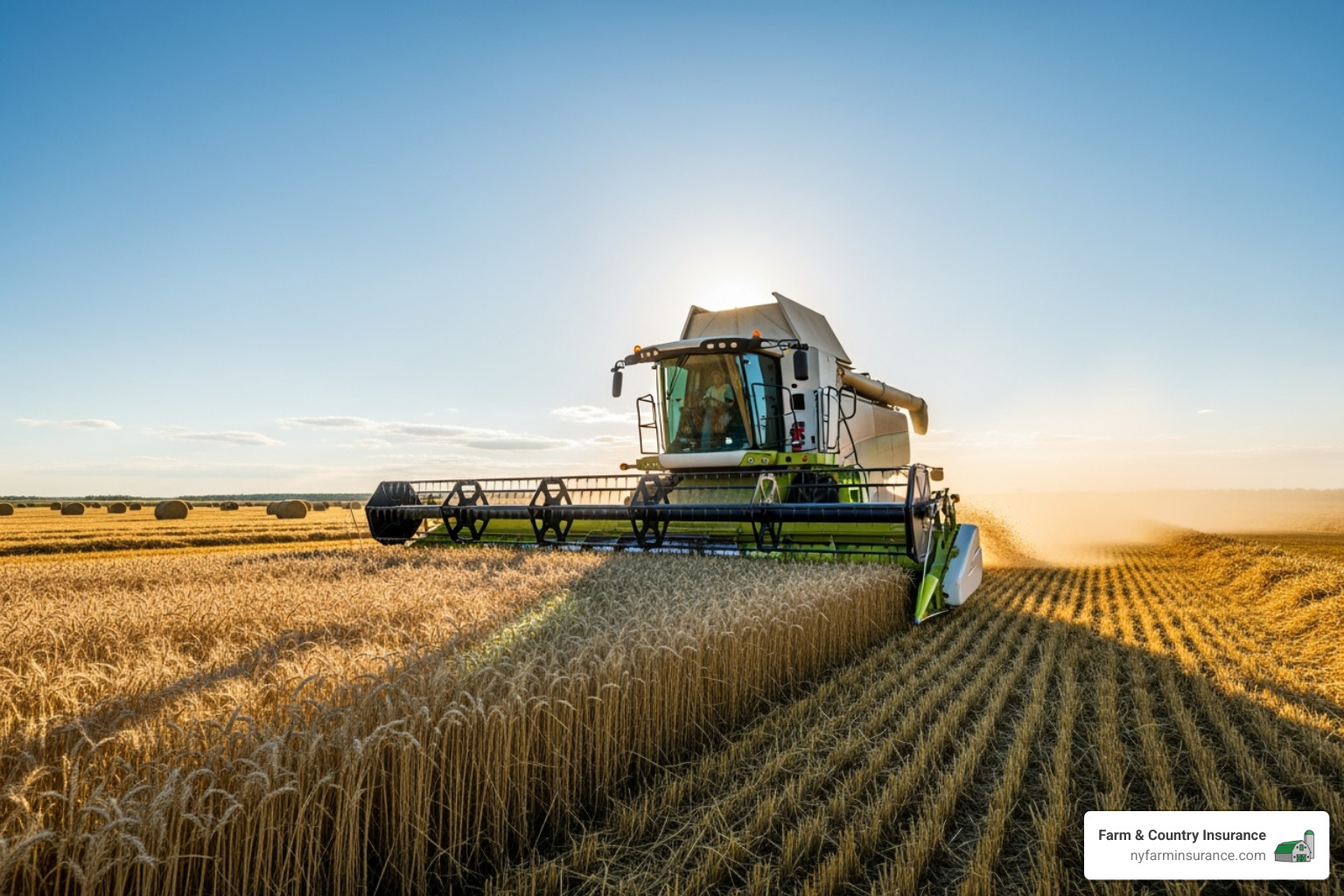 A combine harvester working in a field under a clear blue sky - insurance for agricultural land A combine harvester working in a field under a clear blue sky - insurance for agricultural land