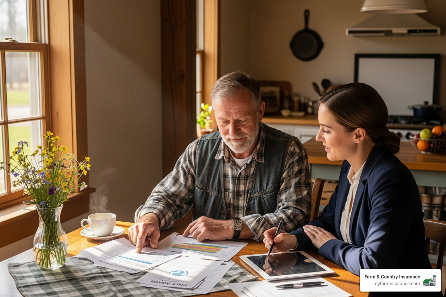 A farmer meeting with an insurance agent at a kitchen table - insurance for agricultural land A farmer meeting with an insurance agent at a kitchen table - insurance for agricultural land
