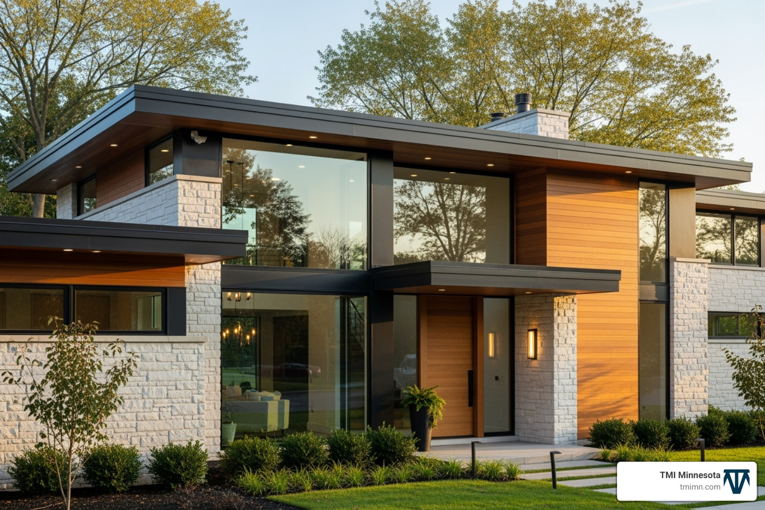 home with a mix of dark siding, light stone, and wood accents - home exterior makeover modern home with a mix of dark siding, light stone, and wood accents - home exterior makeover modern