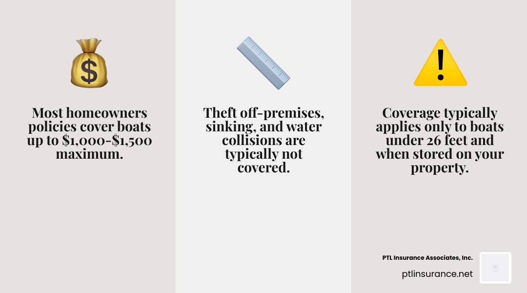 Infographic showing homeowners insurance boat coverage limits versus dedicated boat insurance coverage, including liability restrictions, coverage amounts, and excluded perils for watercraft protection - home and boat insurance infographic 3_facts_emoji_grey