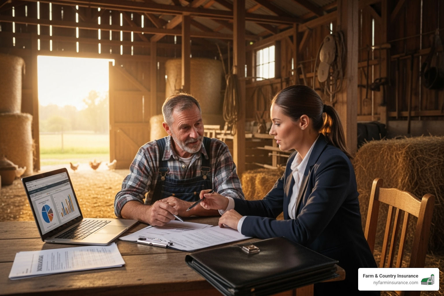 farmer reviewing insurance policy with agent in barn - insurance for farm equipment farmer reviewing insurance policy with agent in barn - insurance for farm equipment