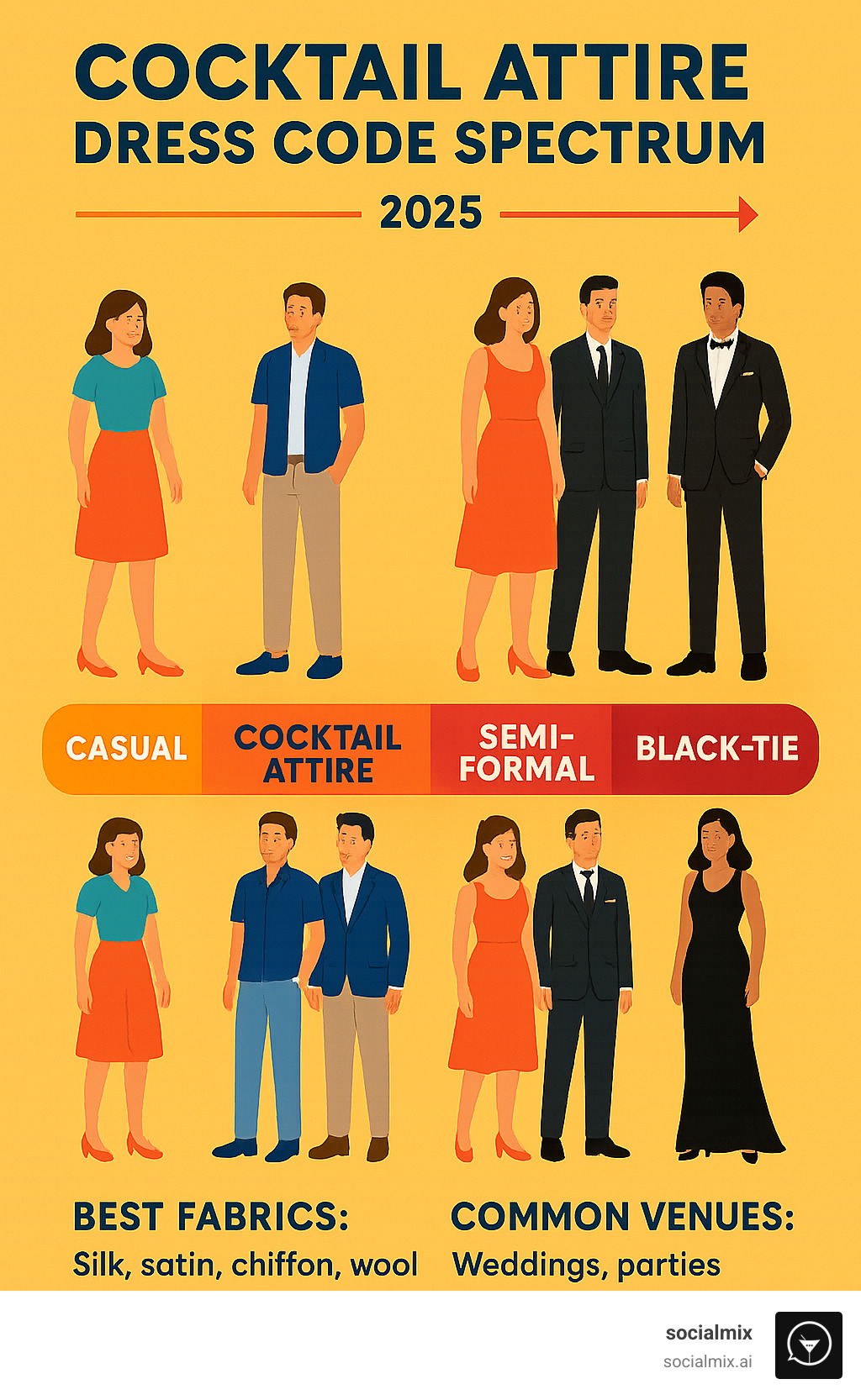 Comprehensive guide showing cocktail attire dress code spectrum from casual to black-tie, featuring appropriate outfit examples for men and women, fabric recommendations, and venue-specific styling tips - cocktail hour outfits infographic 