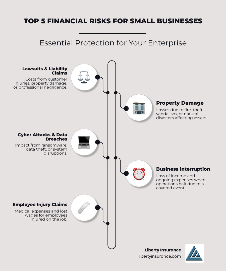 Infographic showing the top 5 financial risks for small businesses: lawsuits and liability claims, property damage from fire or theft, cyber attacks and data breaches, business interruption from disasters, and employee injury claims - small business insurance options infographic infographic-line-5-steps-neat_beige Infographic showing the top 5 financial risks for small businesses: lawsuits and liability claims, property damage from fire or theft, cyber attacks and data breaches, business interruption from disasters, and employee injury claims - small business insurance options infographic infographic-line-5-steps-neat_beige