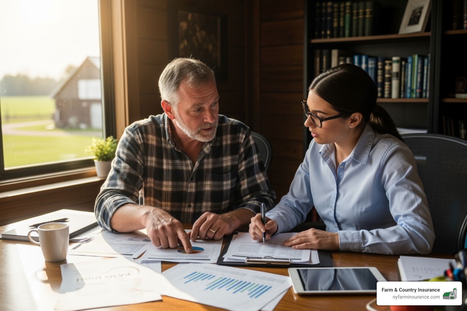 farmer and advisor reviewing plan at desk - risk management for dairy