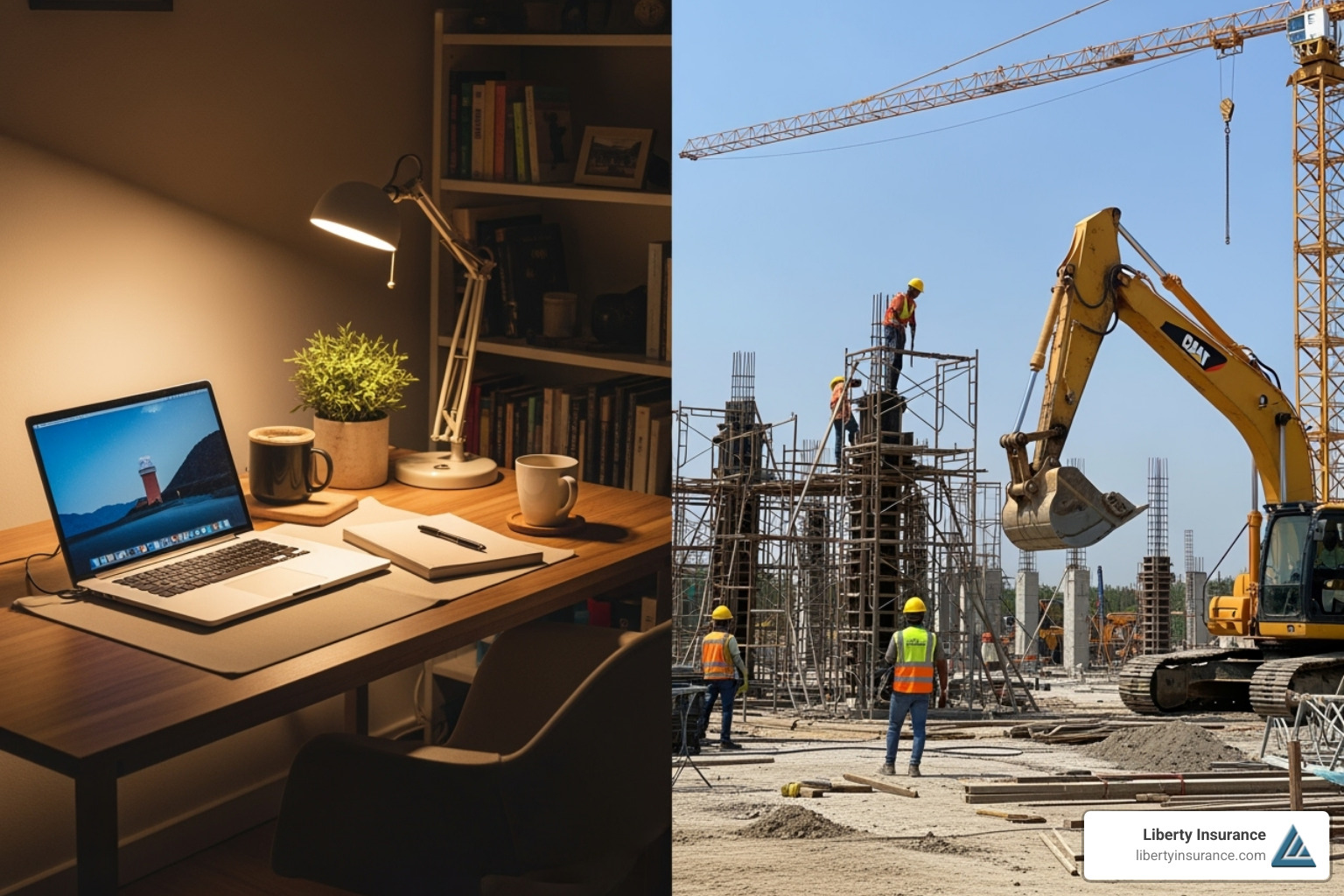 home office setup and another of a construction site - small business insurance options home office setup and another of a construction site - small business insurance options