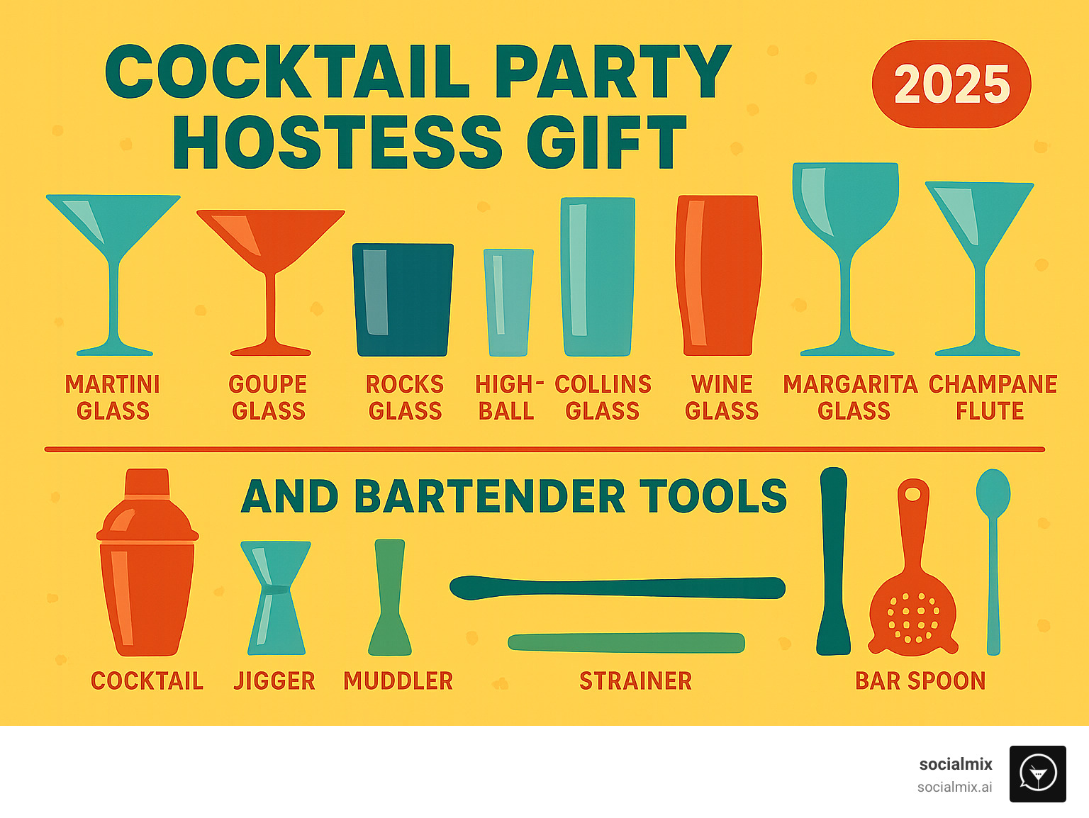 infographic of cocktail glasses and bartender tools - cocktail party hostess gift infographic 