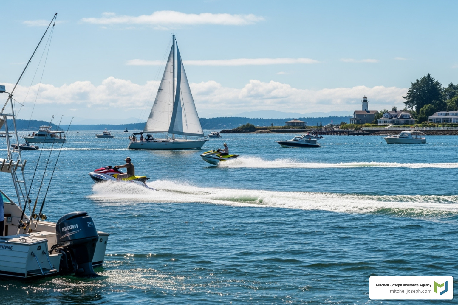 various types of watercraft, including a fishing boat, a sailboat, and a personal watercraft (PWC) - boaters insurance