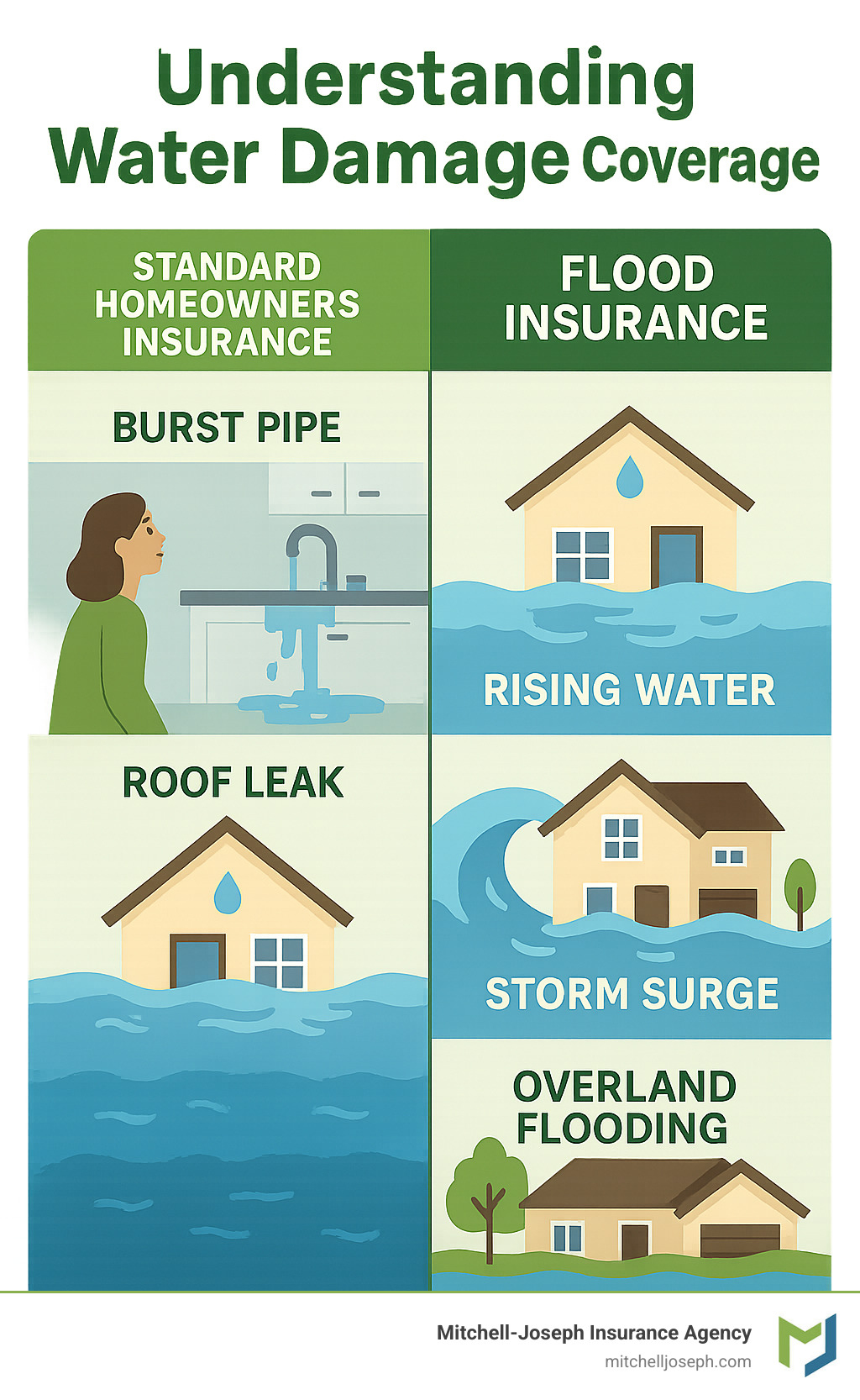 Infographic explaining the difference between standard homeowners insurance water damage coverage (burst pipes, roof leaks) versus flood insurance coverage (rising water, storm surge, overland flooding) with clear visual examples of each type of water damage - do i need flood insurance infographic Infographic explaining the difference between standard homeowners insurance water damage coverage (burst pipes, roof leaks) versus flood insurance coverage (rising water, storm surge, overland flooding) with clear visual examples of each type of water damage - do i need flood insurance infographic