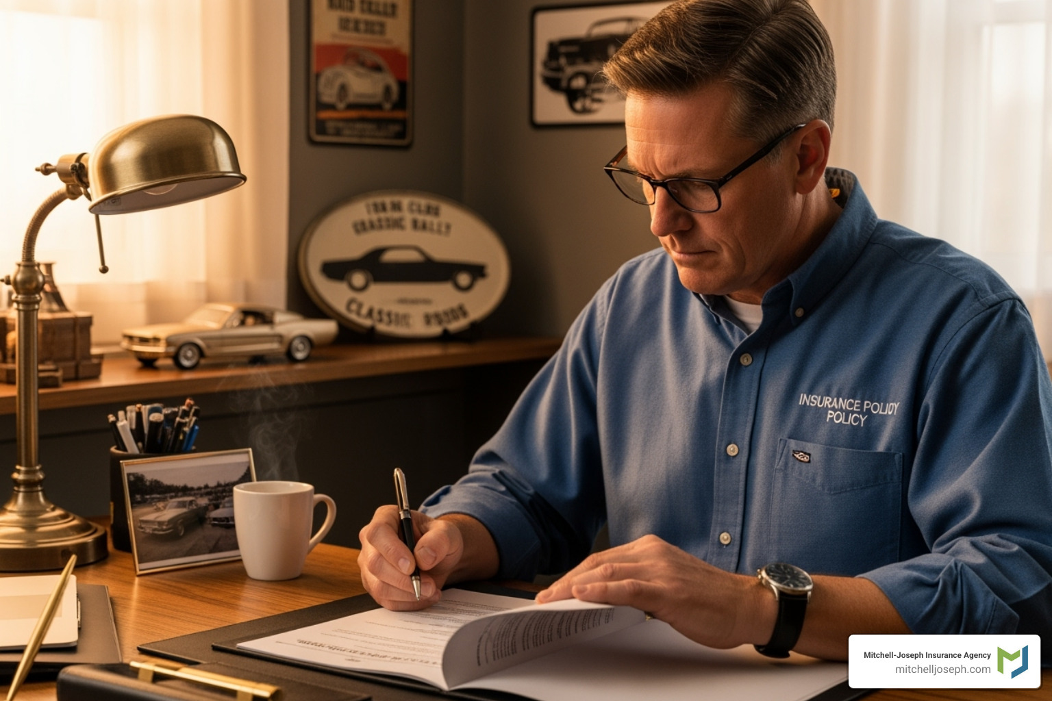 A car club officer reviewing an insurance policy document - Collector car club insurance