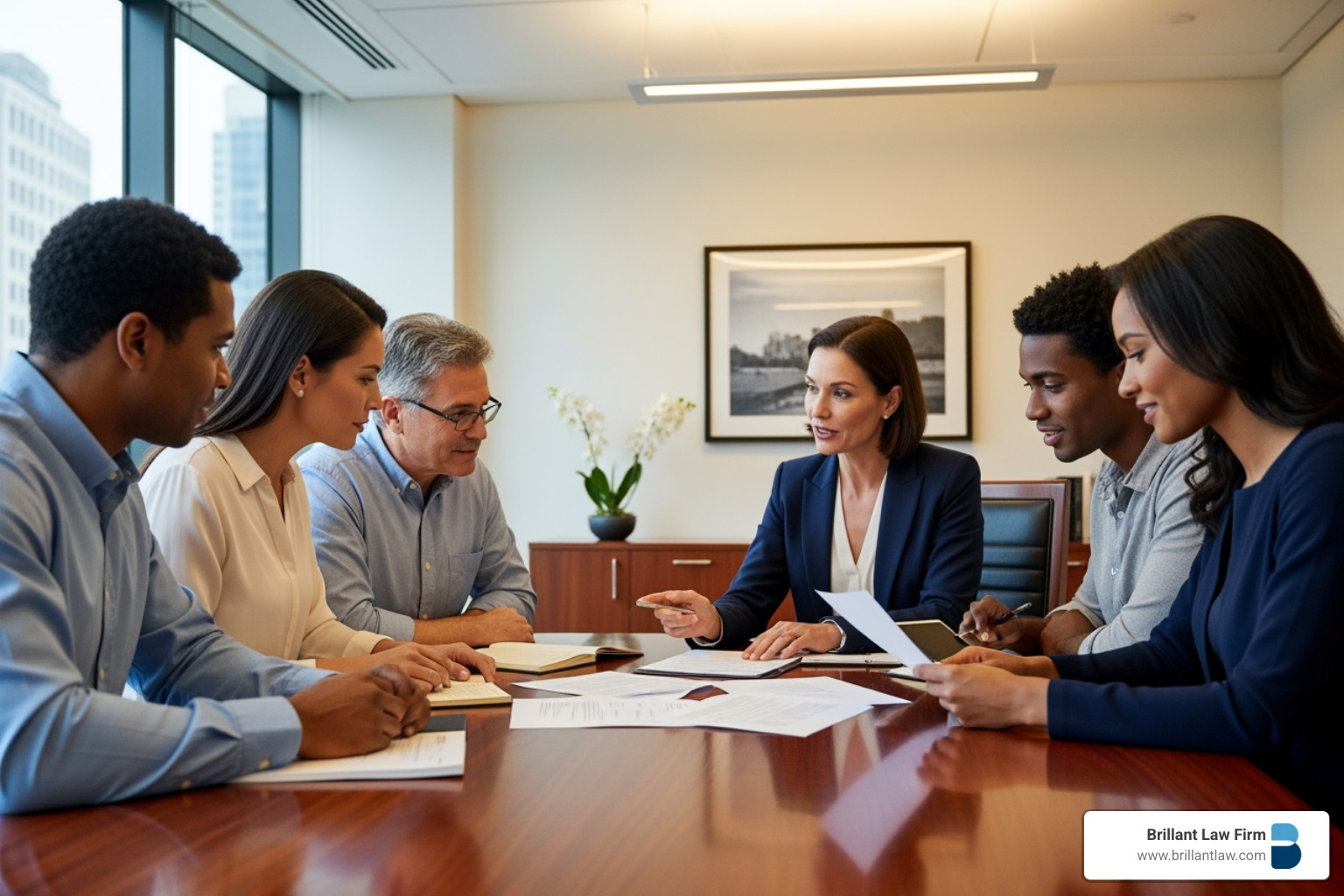 A family reviews legal documents with an estate planning professional, discussing their trust in Walnut Creek. A family reviews legal documents with an estate planning professional, discussing their trust in Walnut Creek.