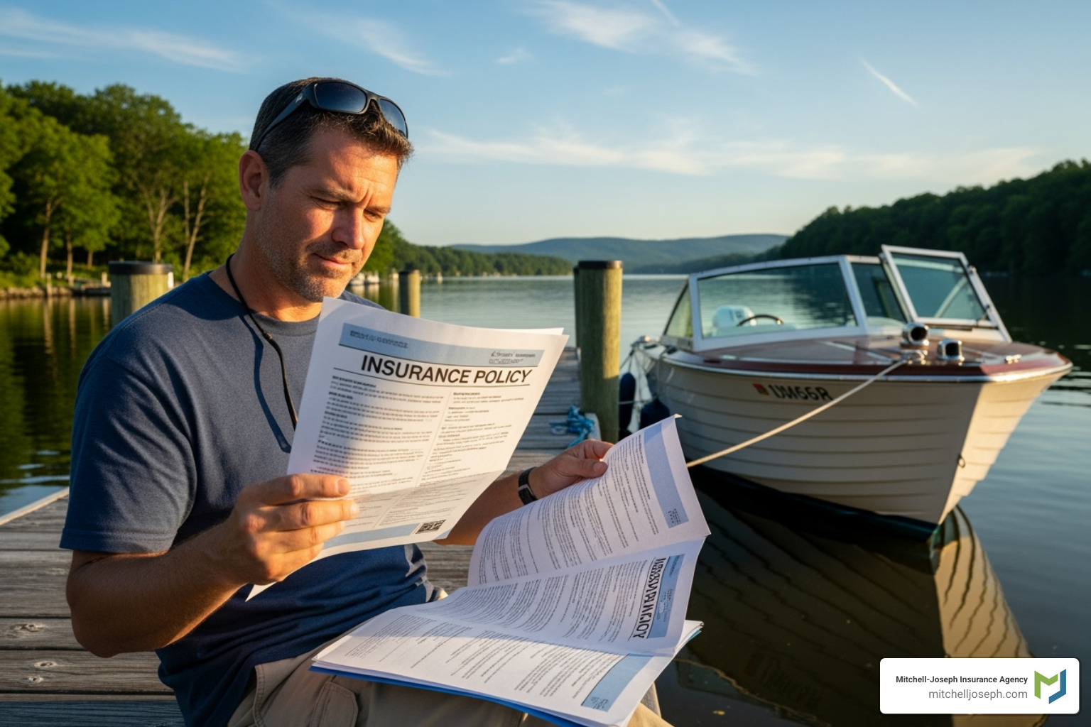 boater reviewing their insurance policy with a scenic NY waterway in the background - boat insurance requirements ny boater reviewing their insurance policy with a scenic NY waterway in the background - boat insurance requirements ny