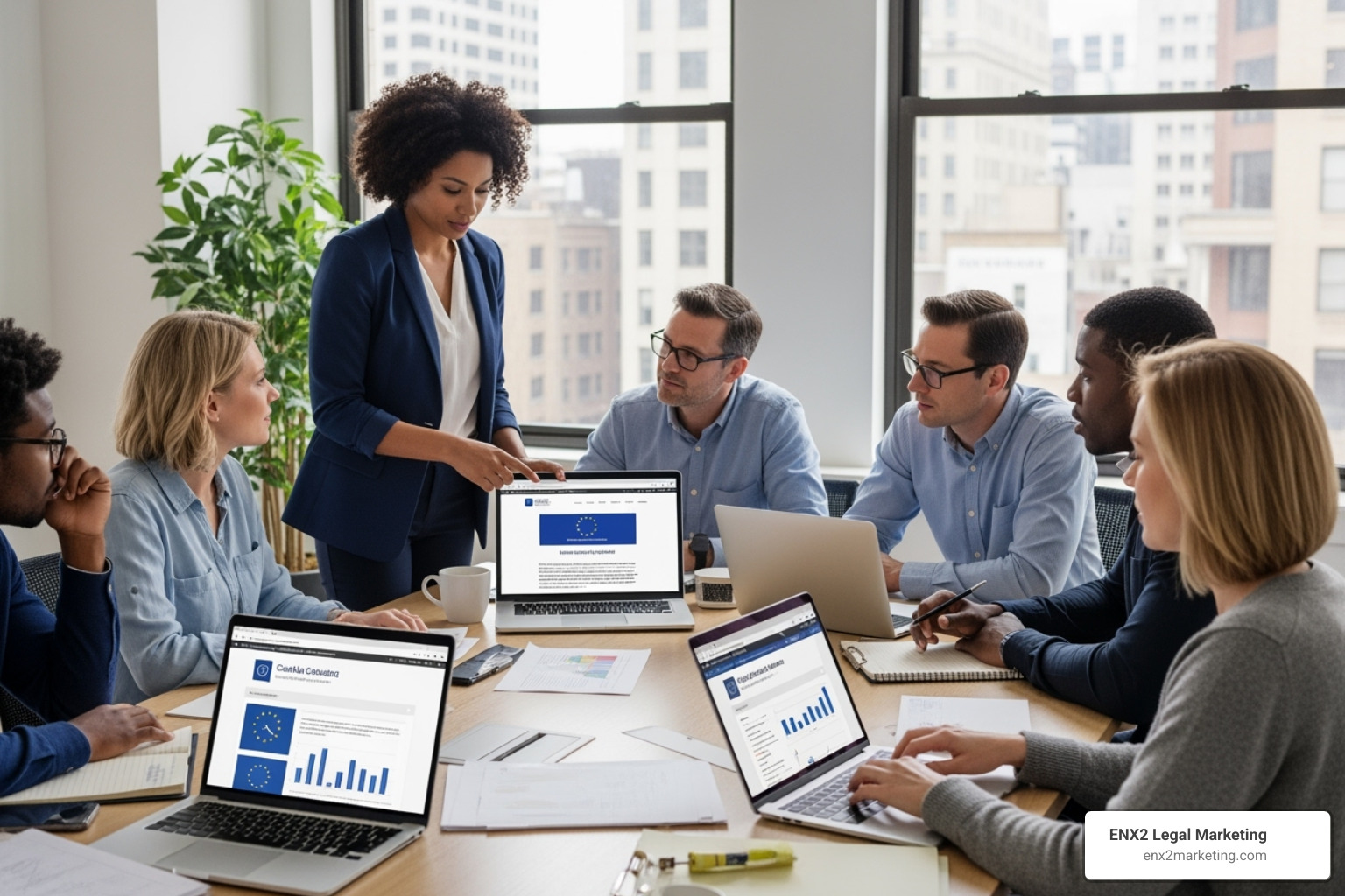 Law firm marketing team collaborating on website compliance - law firm website compliance Law firm marketing team collaborating on website compliance - law firm website compliance