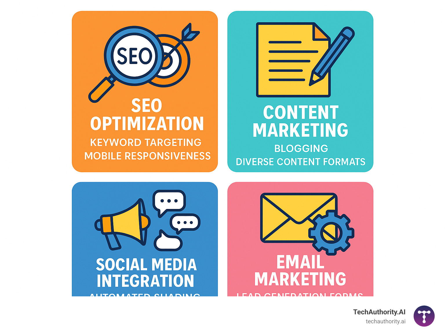 Comprehensive infographic showing the four pillars of WordPress digital marketing strategy: SEO optimization with keyword targeting and mobile responsiveness, Content Marketing with blogging and diverse content formats, Social Media Integration with automated sharing and community building, and Email Marketing with lead generation forms and automated workflows – digital marketing wordpress website infographic Comprehensive infographic showing the four pillars of WordPress digital marketing strategy: SEO optimization with keyword targeting and mobile responsiveness, Content Marketing with blogging and diverse content formats, Social Media Integration with automated sharing and community building, and Email Marketing with lead generation forms and automated workflows – digital marketing wordpress website infographic