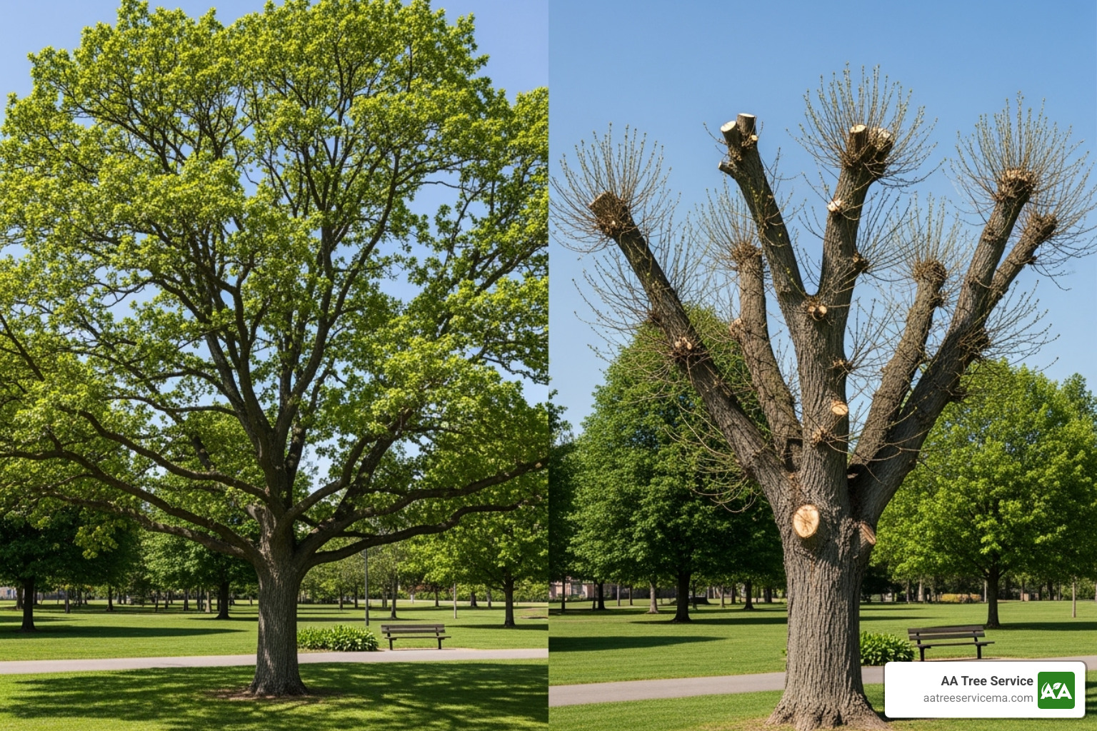 Healthy, well-maintained tree versus a poorly topped tree - certified arborist
