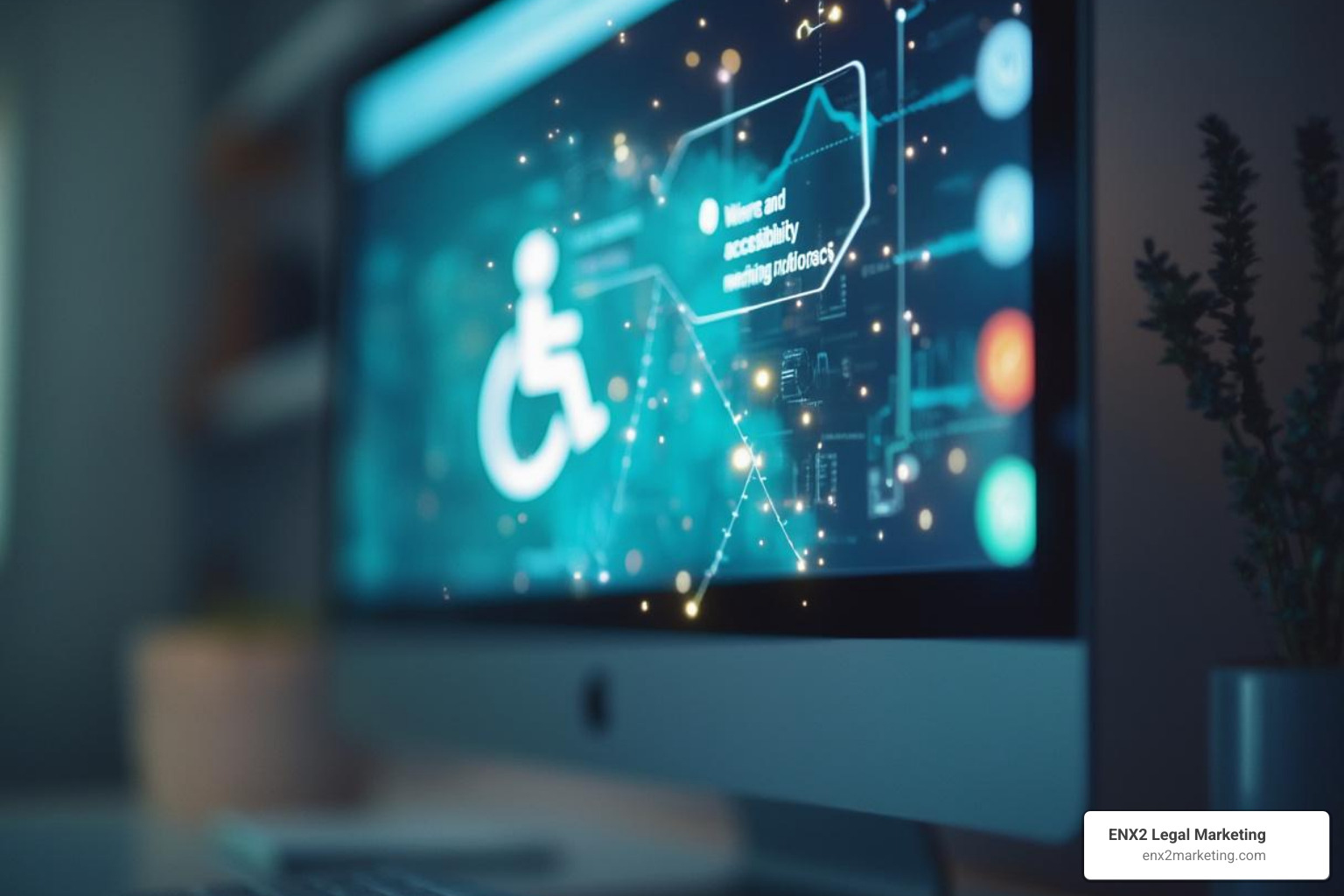 Website accessibility icon overlaying a computer screen - law firm website compliance Website accessibility icon overlaying a computer screen - law firm website compliance