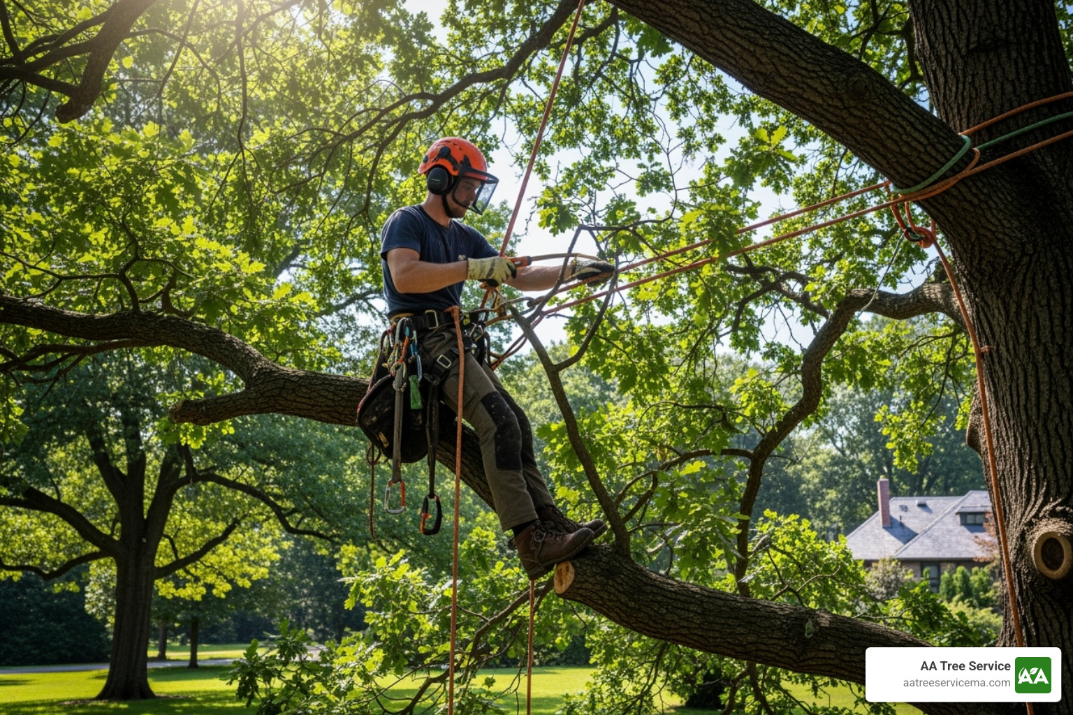 Arborist performing delicate pruning on a mature oak tree - certified arborist