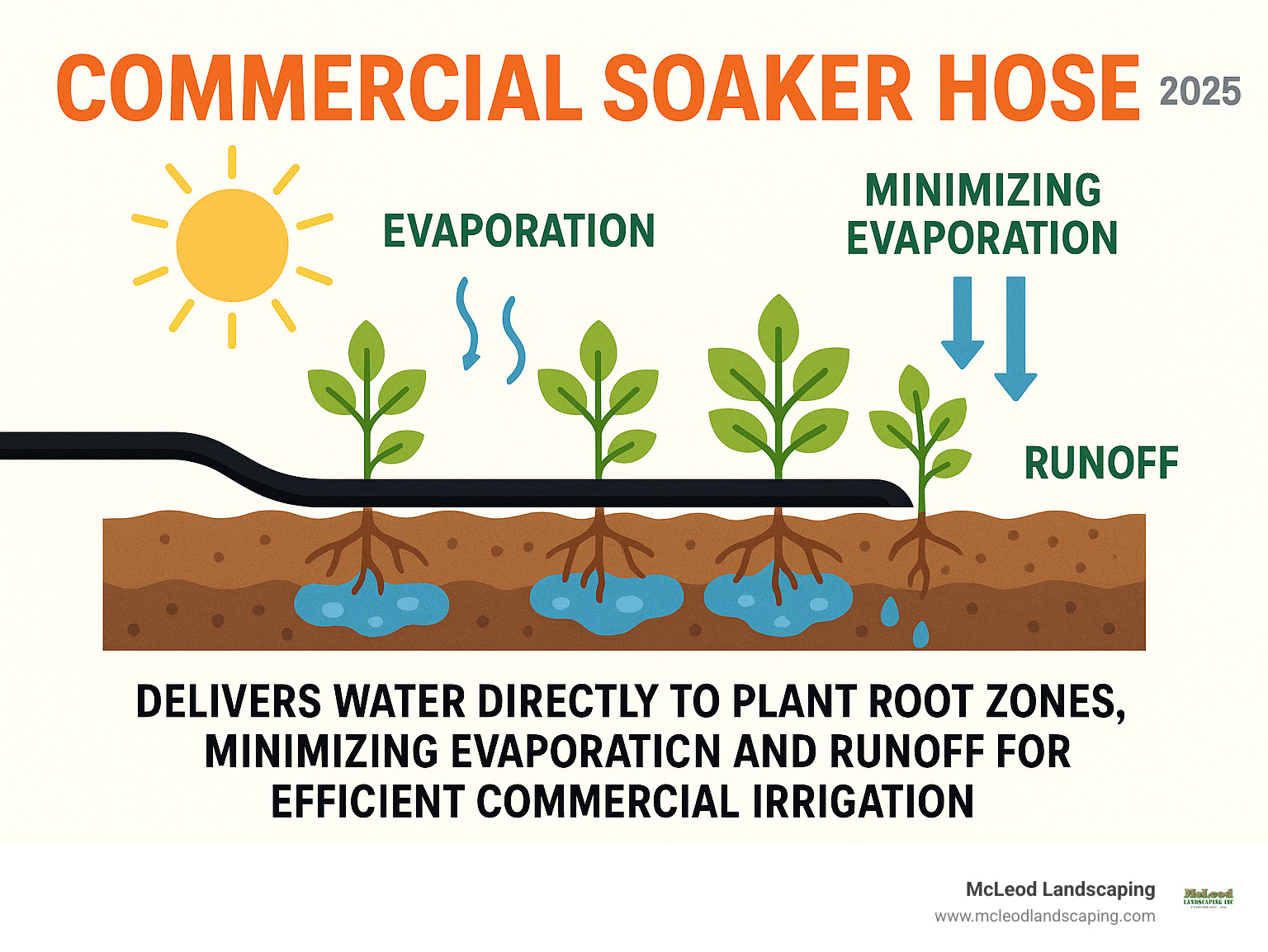 Infographic showing how soaker hoses deliver water directly to plant root zones, minimizing evaporation and runoff for efficient commercial irrigation. - commercial soaker hose infographic 