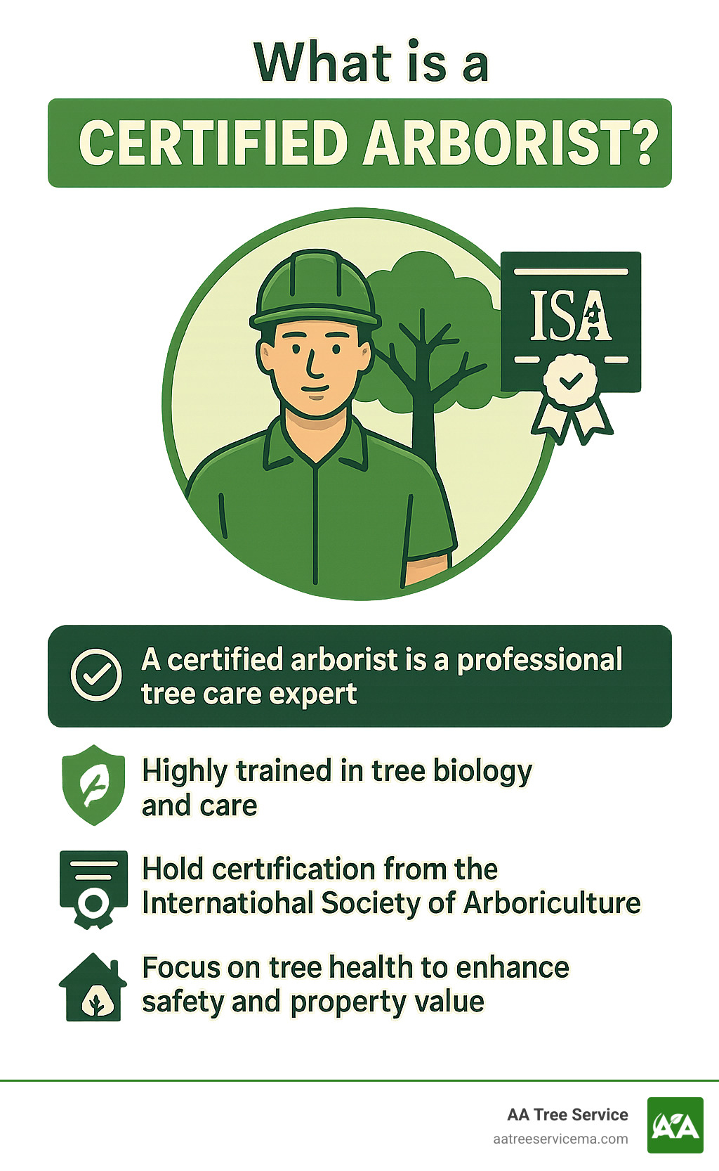 Infographic detailing the definition and key attributes of a certified arborist, including ISA certification, expertise in tree biology, and focus on tree health for property safety and value. - certified arborist infographic 