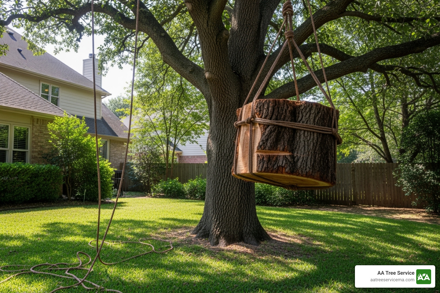 tree being carefully lowered in sections using ropes - best tree removal company