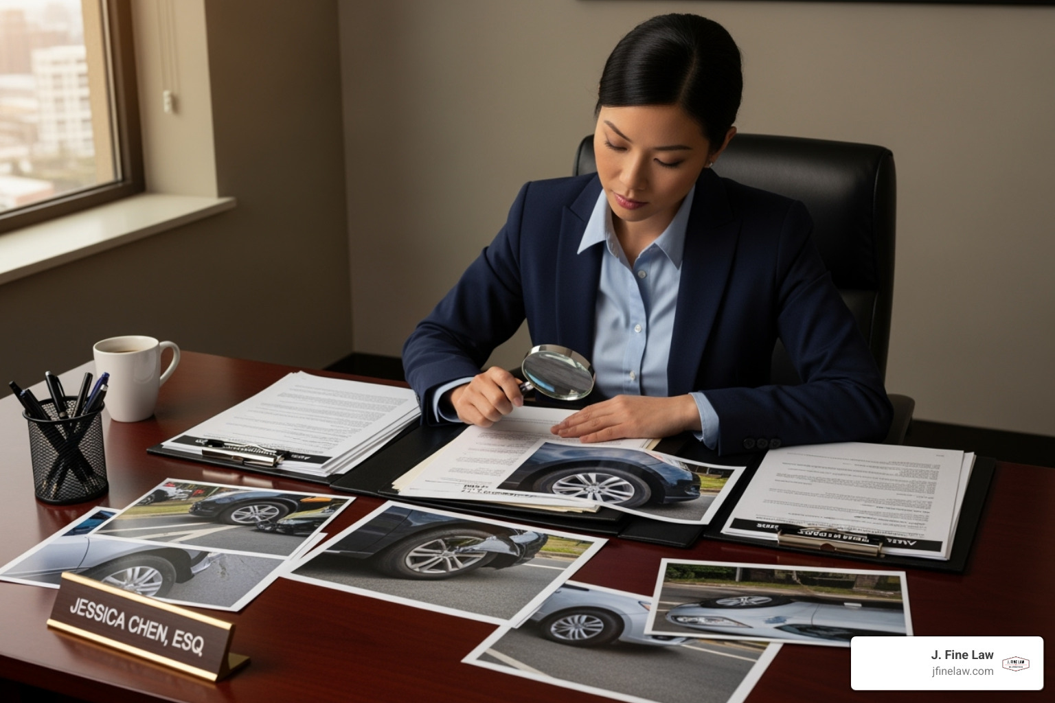 attorney reviewing evidence like photos and police reports - cherry hill distracted driving attorney
